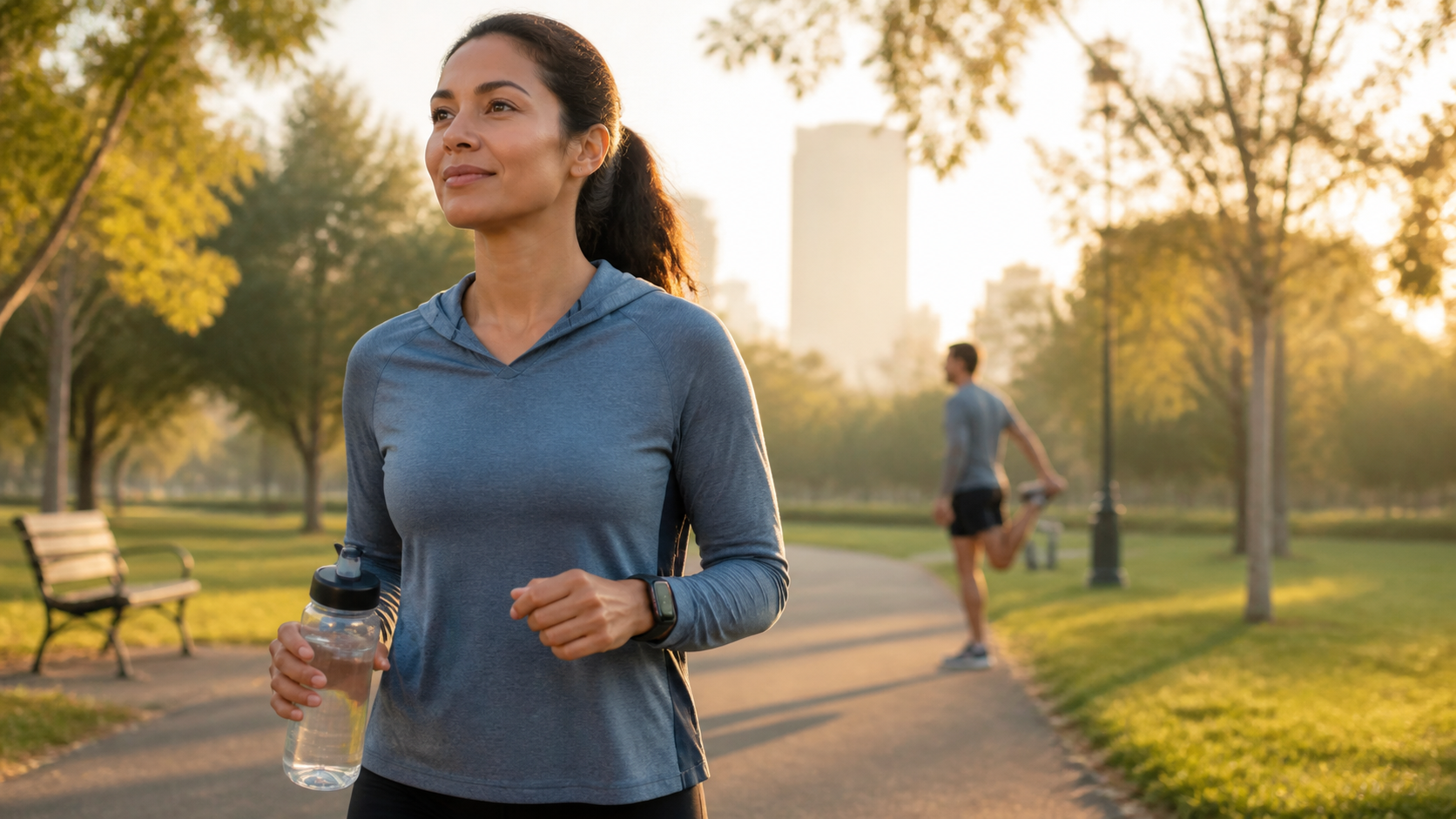 A healthy woman exercising outdoors in a park to restore hormone balance and support endocrine health.