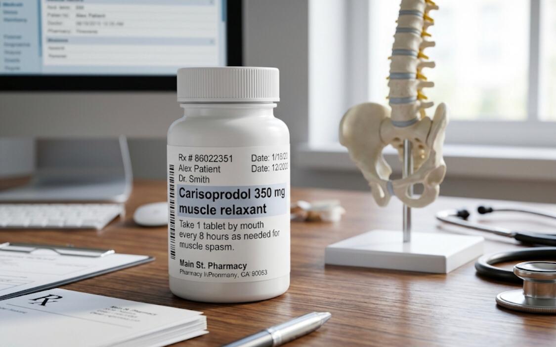 A white medication bottle labeled Carisoprodol 350mg.