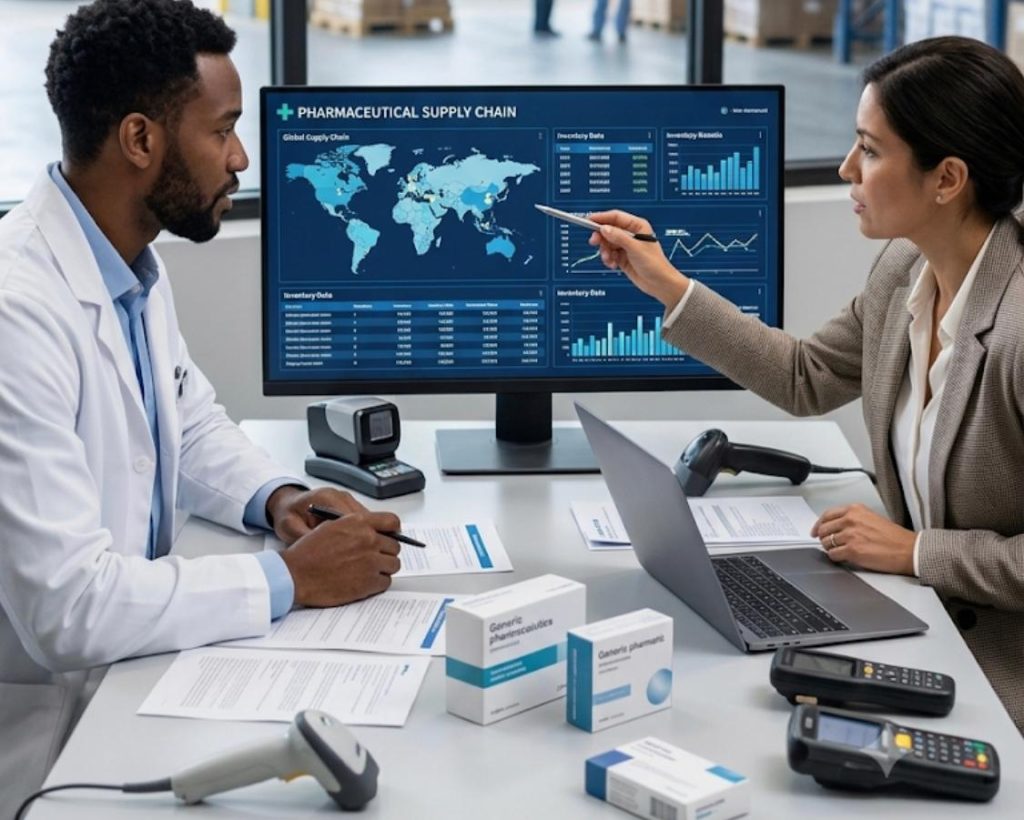 Healthcare professional and analyst discussing pharmaceutical supply chain metrics on a monitor
