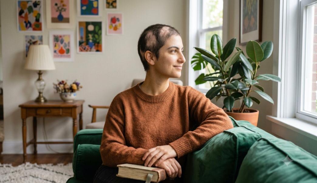 A smiling young person with patchy hair loss sitting on a green couch, holding a book and looking thoughtfully out a window.