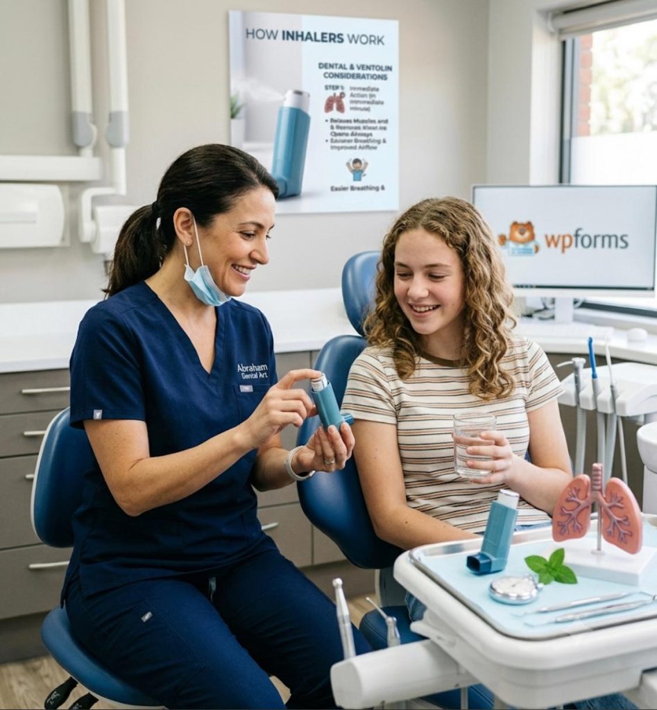 A dentist smiles and shows a blue Ventolin inhaler to a teenage girl patient holding a glass of water. They are seated in a dental operatory. An informational poster on inhalers and a lung model with a stopwatch are present."