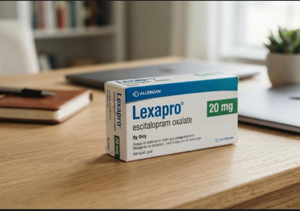 An image of a laptop displaying a Lexapro 20 mg medication box on its screen.
