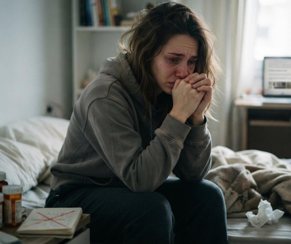 The face of invisible struggle: A woman experiencing a severe episode of anxiety disorder.