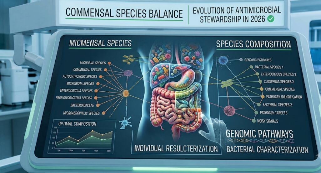 Medical digital display titled "Commensal Species Balance" showing human gut microbiota analysis and species composition in the context of 2026 antimicrobial stewardship.