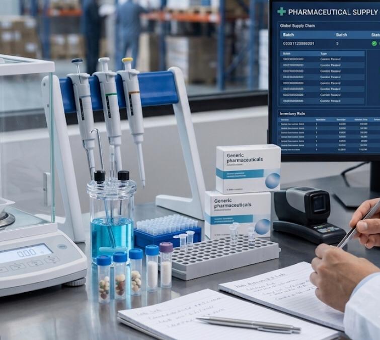 Two logistics specialists scanning generic pharmaceuticals and analyzing supply chain metrics on a monitor
