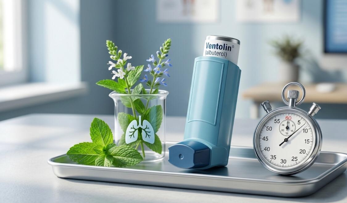 A blue Ventolin (albuterol) inhaler, a stopwatch, and a small glass beaker with fresh mint leaves and blue flowers arranged on a metal tray