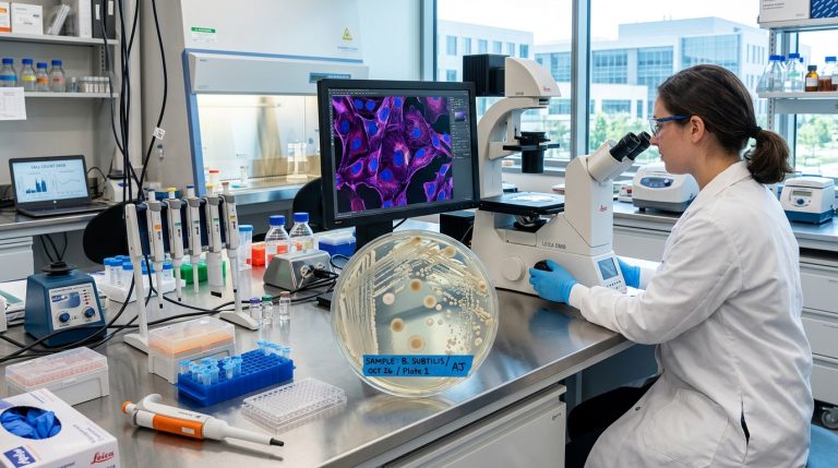 A female scientist in a white lab coat examining cellular structures through a microscope next to a Petri dish with bacterial culture in a modern pharmaceutical laboratory