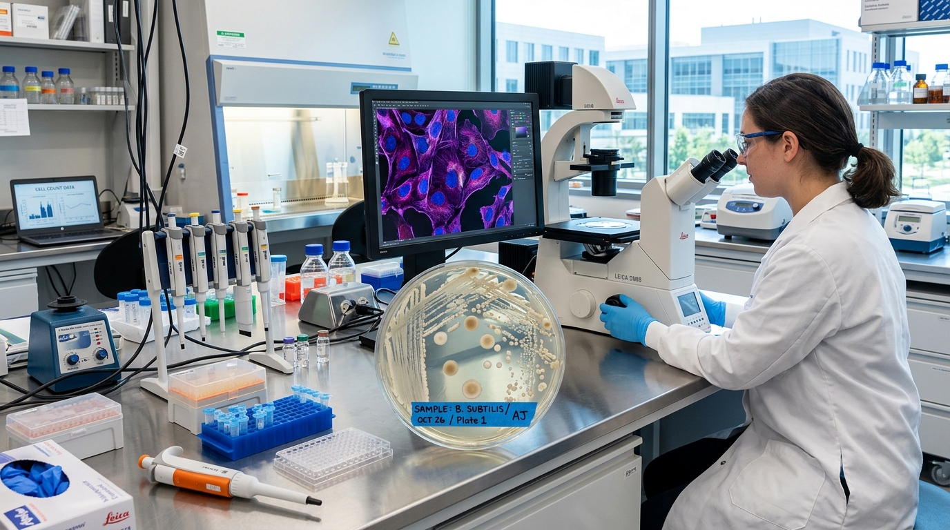 A female scientist in a white lab coat examining cellular structures through a microscope next to a Petri dish with bacterial culture in a modern pharmaceutical laboratory