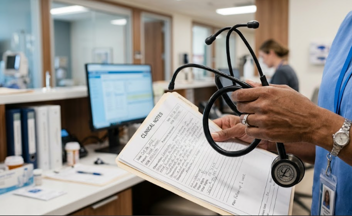 Close-up of a healthcare professional holding a stethoscope and reviewing medical chart notes in a clinical setting.