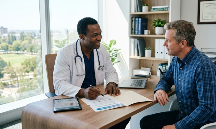 A doctor discussing male healthcare and erectile dysfunction treatment options with a patient in a bright, modern clinic.