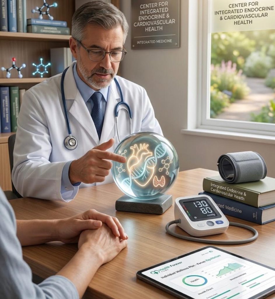 A realistic photograph of a male doctor in a white coat and glasses consulting with a patient in a well-appointed medical office, pointing to a large, glowing crystal sphere model on the desk which displays an illuminated human heart and endocrine system glands, symbolizing integrated health; with a blood pressure monitor showing 130/80 mmHg, medical textbooks, a tablet, and molecular models in the background.
