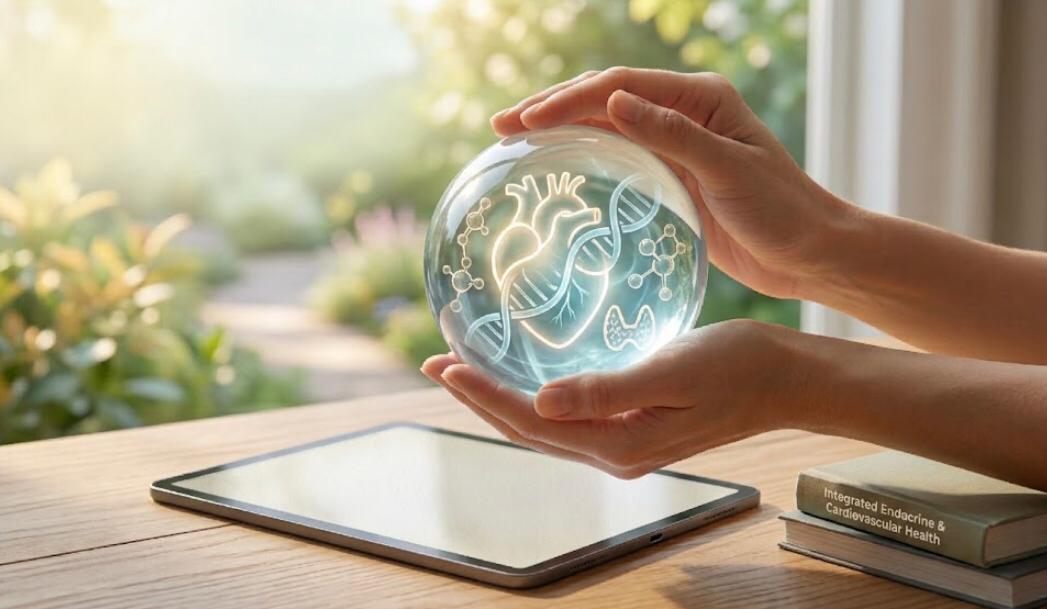 A detailed illustration shows human hands carefully cradling a transparent sphere. Inside the sphere, there are glowing, interconnected symbols of a heart, stylized molecules, and an endocrine gland, representing integrated health and biological balance. The scene is set on a wooden desk next to a blank tablet and a book titled "Integrated Endocrine & Cardiovascular Health," with a sunlit garden view through a window in the background.