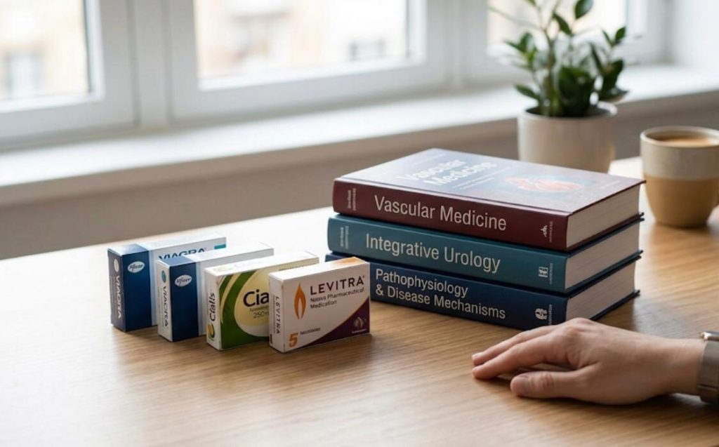 Commercial packs of erectile dysfunction medication (Viagra, Cialis, Levitra) placed next to a stack of medical textbooks (Vascular Medicine, Integrative Urology, Pathophysiology) on a wooden table.