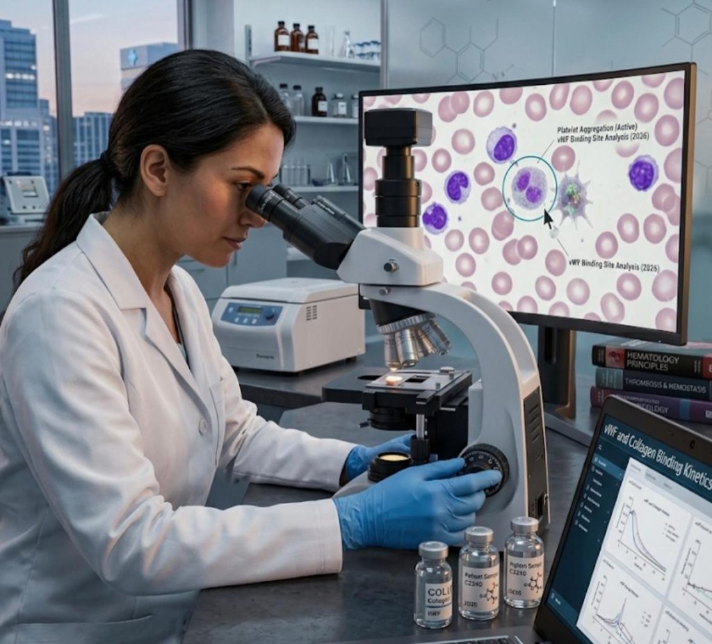 Lab view of researcher-doctor looking through a microscope, with digital screen showing platelet aggregation analysis and binding kinetics data.