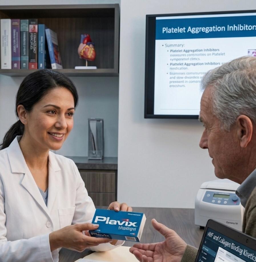 Female doctor in a white coat hands a box of Plavix medication to an elderly male patient during a consultation.