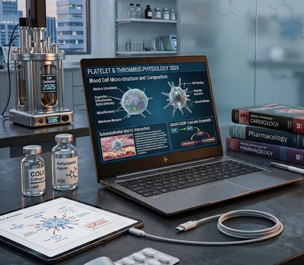 Open laptop in a medical lab displaying complex digital schematic of blood cells and platelet physiology 2026.