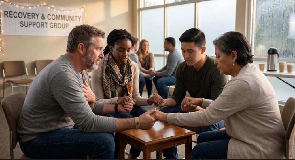 Alcohol Dependency Treatment Guide group support session with people holding hands