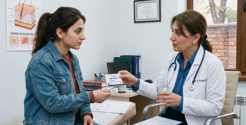 Doctor consulting with a female patient and explaining herpes treatment options in a medical office