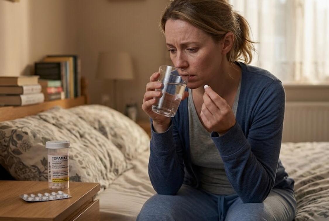 woman suffering from a migraine sits on her bed and prepares to take a Topamax pill with water.