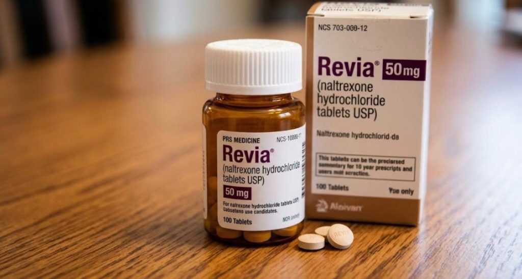 Revia 50mg Naltrexone tablets bottle for Alcohol Dependency Treatment Guide