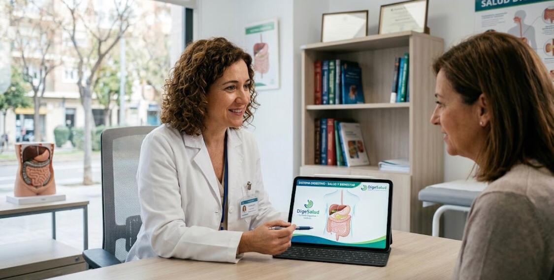A female gastroenterologist in a white coat consulting a patient in a modern medical office, pointing at a tablet displaying a digestive system diagram.