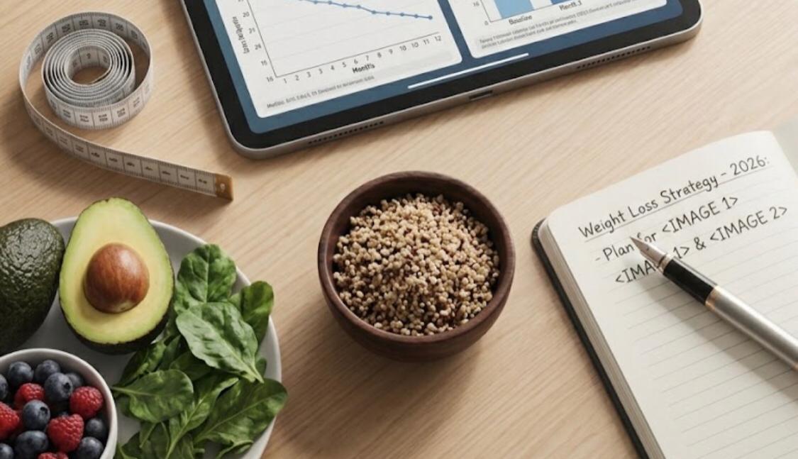 Medical weight loss and metabolic progress data on a digital tablet with healthy food and running shoes.