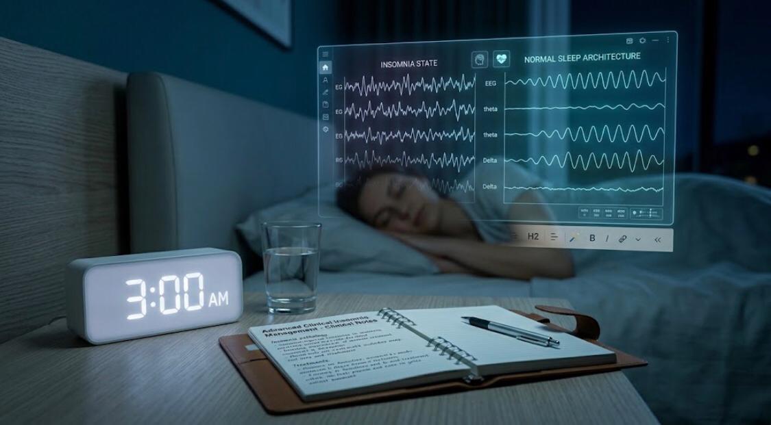 Clinical insomnia management brain wave monitoring and medical sleep notes at 3 AM